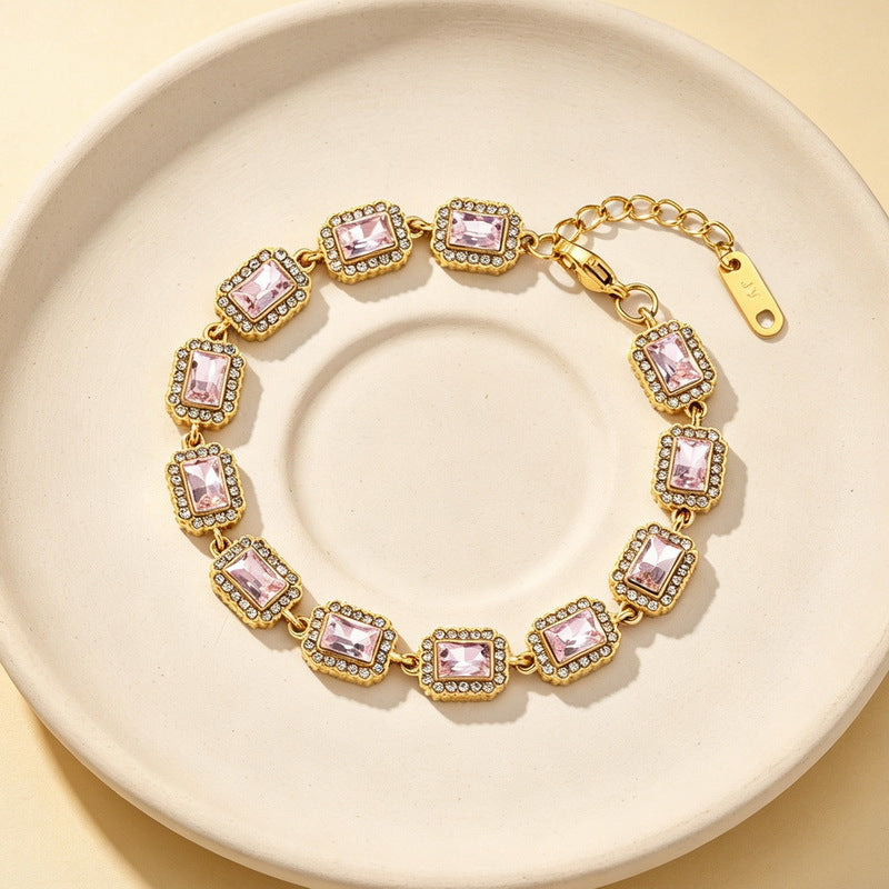 Color Surrounding Square Zircon Stainless Steel Bracelet Palace Style Adjustable