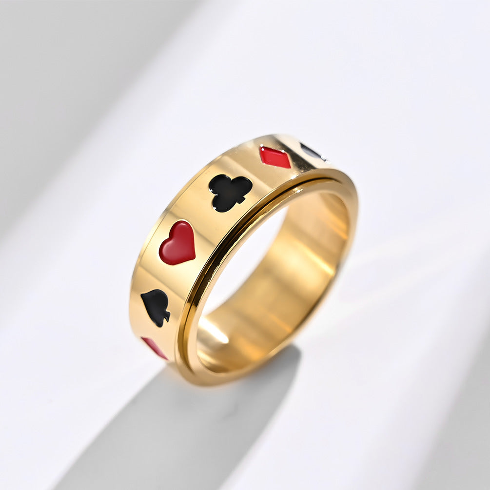 Planderful Spinner Ring Titanium Steel Rotatable Playing Card Spades Hearts Plum Blossom For Card Lovers Size 7 To 12