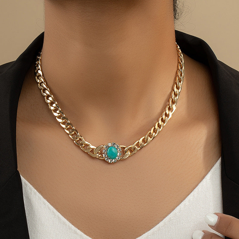 Turquoise Exaggerated Personality Necklace with Thick Chain Design