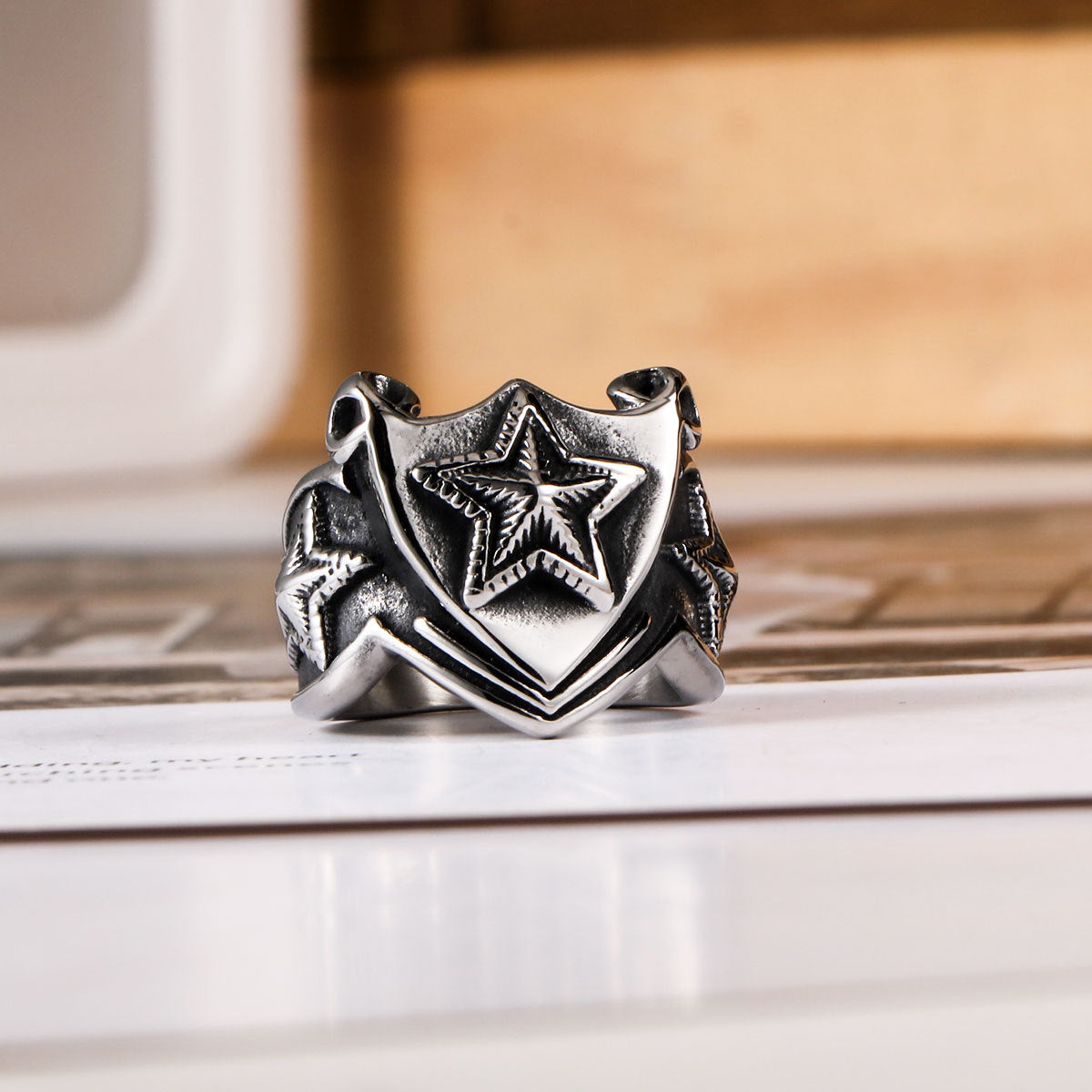 Triangular Stainless Steel Star Ring Mens Pentagram Jewelry