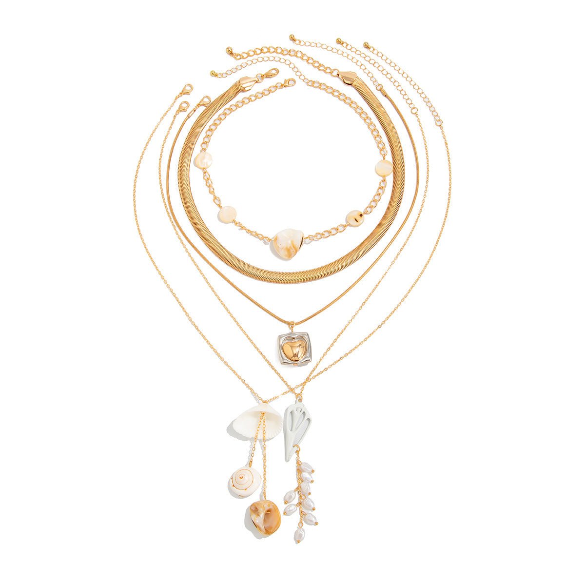 Heart, Shell & Pearl-Style Fringe Necklace