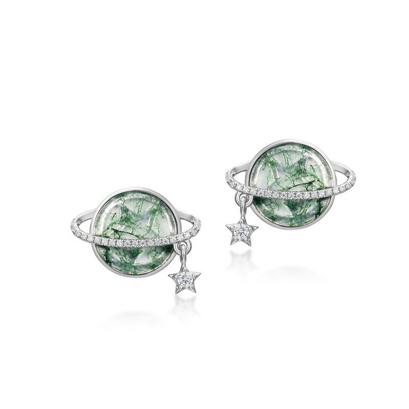 S925 Sterling Silver Moss Agate Planet Stud Earrings