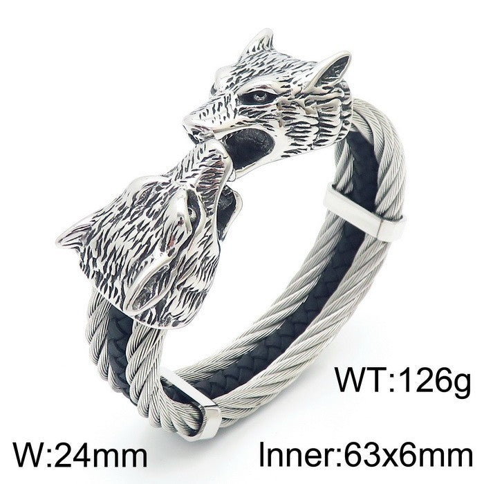 Planderful Mens Open Leather Bracelet With Double Wolf Head