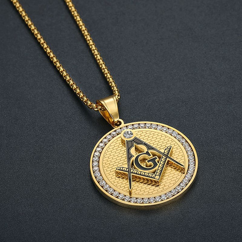 Planderful Freemason Pendant Necklace Gold Plated Titanium Steel With Micro Inlaid Zircon For Freemason Enthusiasts