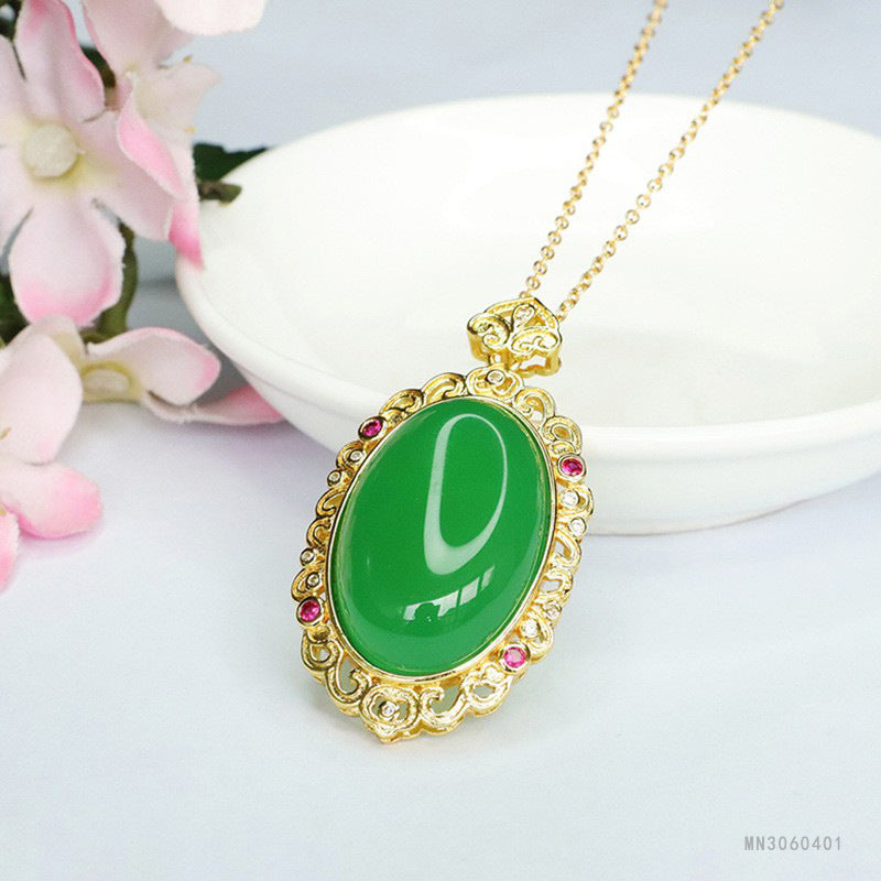 Green Chalcedony Cloud Oval Pendant — No Chain