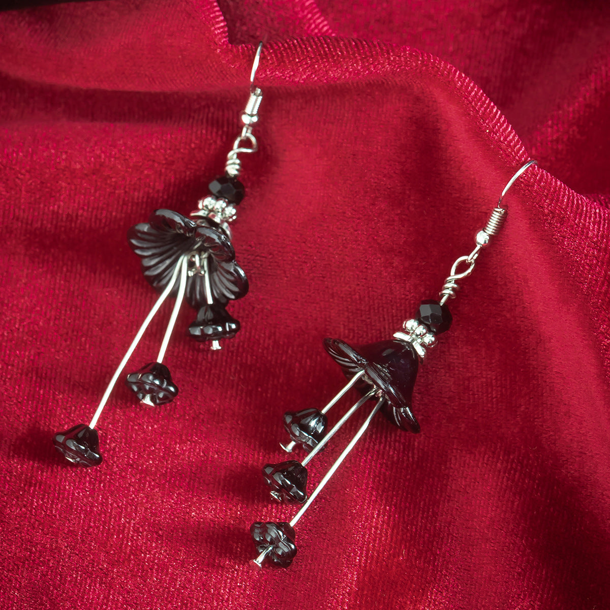 Horn Flower Tassel Earrings with Imitation Crystals - Europe and US Gothic Fashion Statement Piece for Halloween