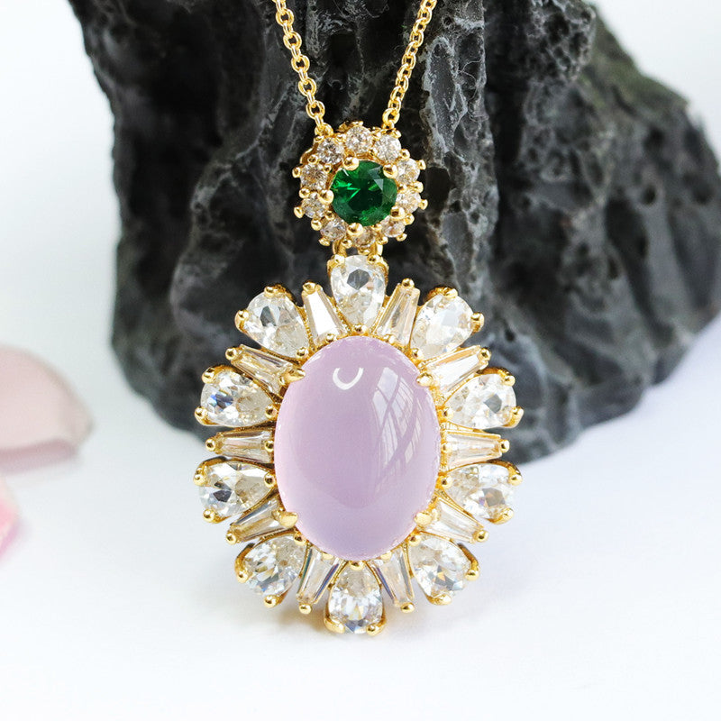 Purple Chalcedony Sterling Silver Necklace with Zircon Flower Embellishment