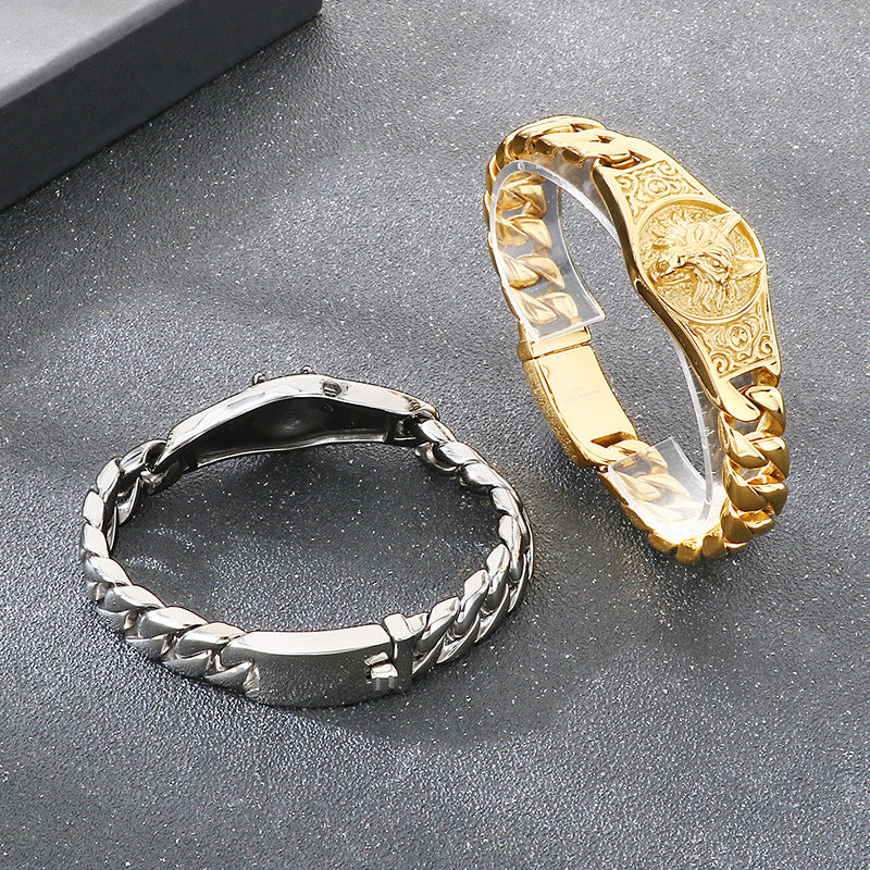 Punk Style – Wolf King Round Brand Layered Cuban Chain Titanium Bracelet