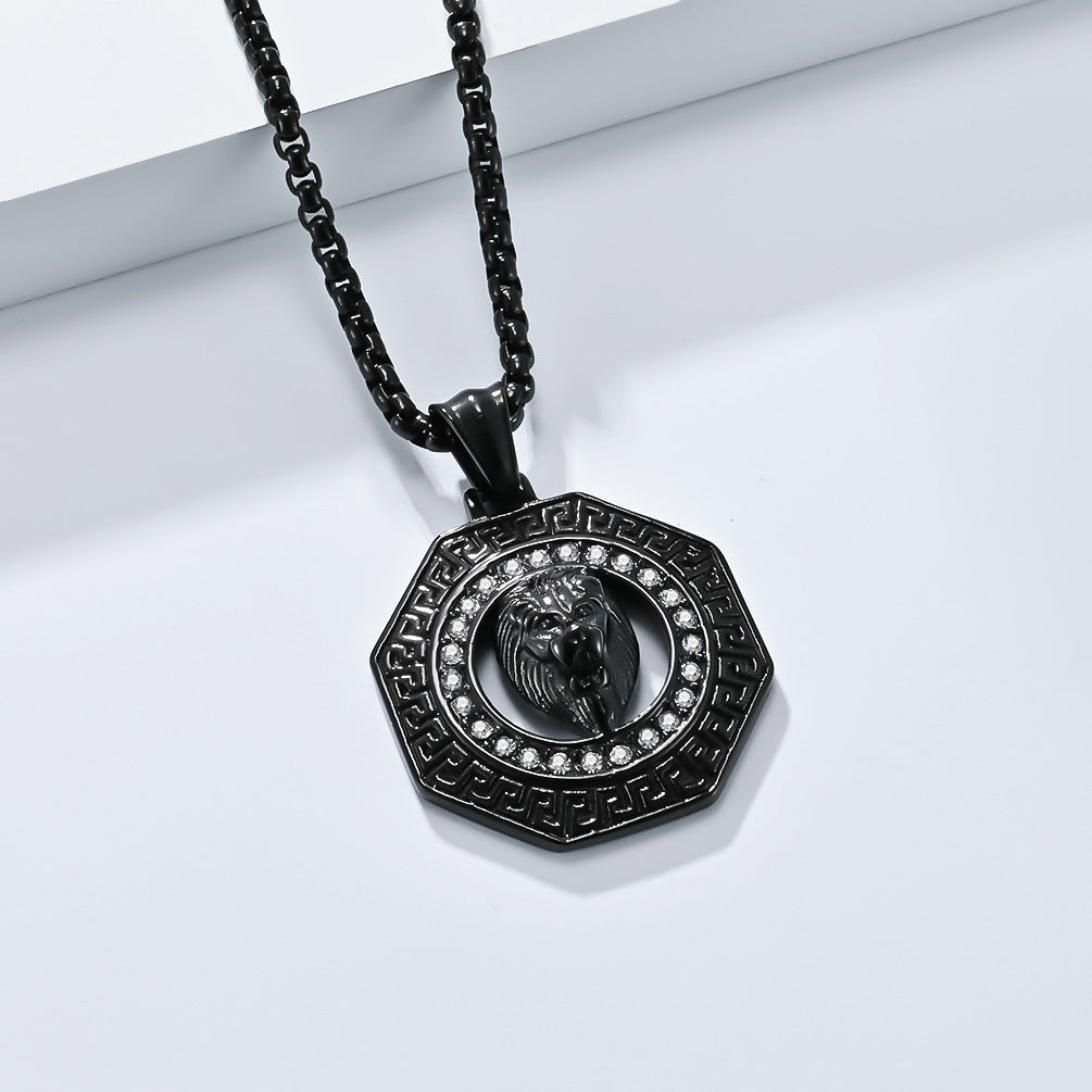 Steel Necklace – Statement Hip Hop Lion Head Zircon Inlay Pendant For Bold Everyday Style