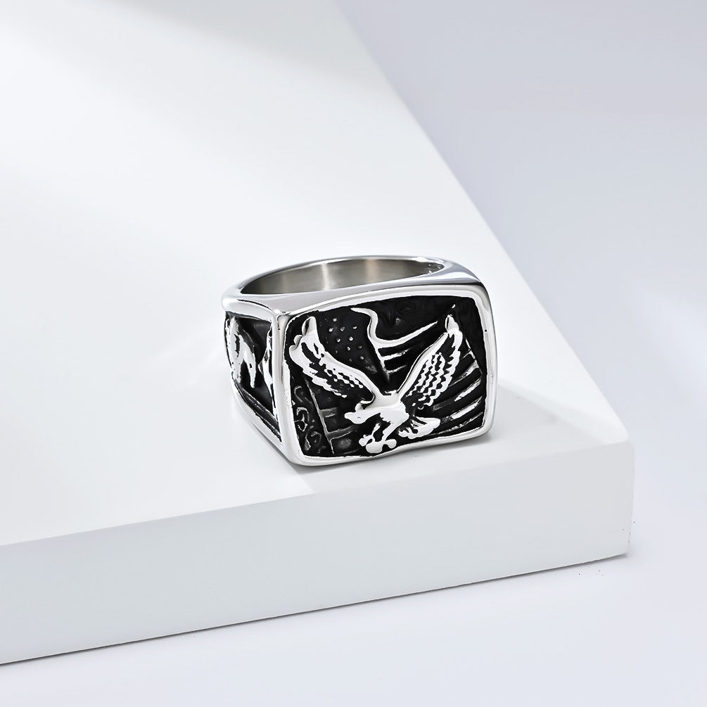 Planderful Mens Eagle Ring Stainless Steel Personalized Memorial For Marine Veterans Gift