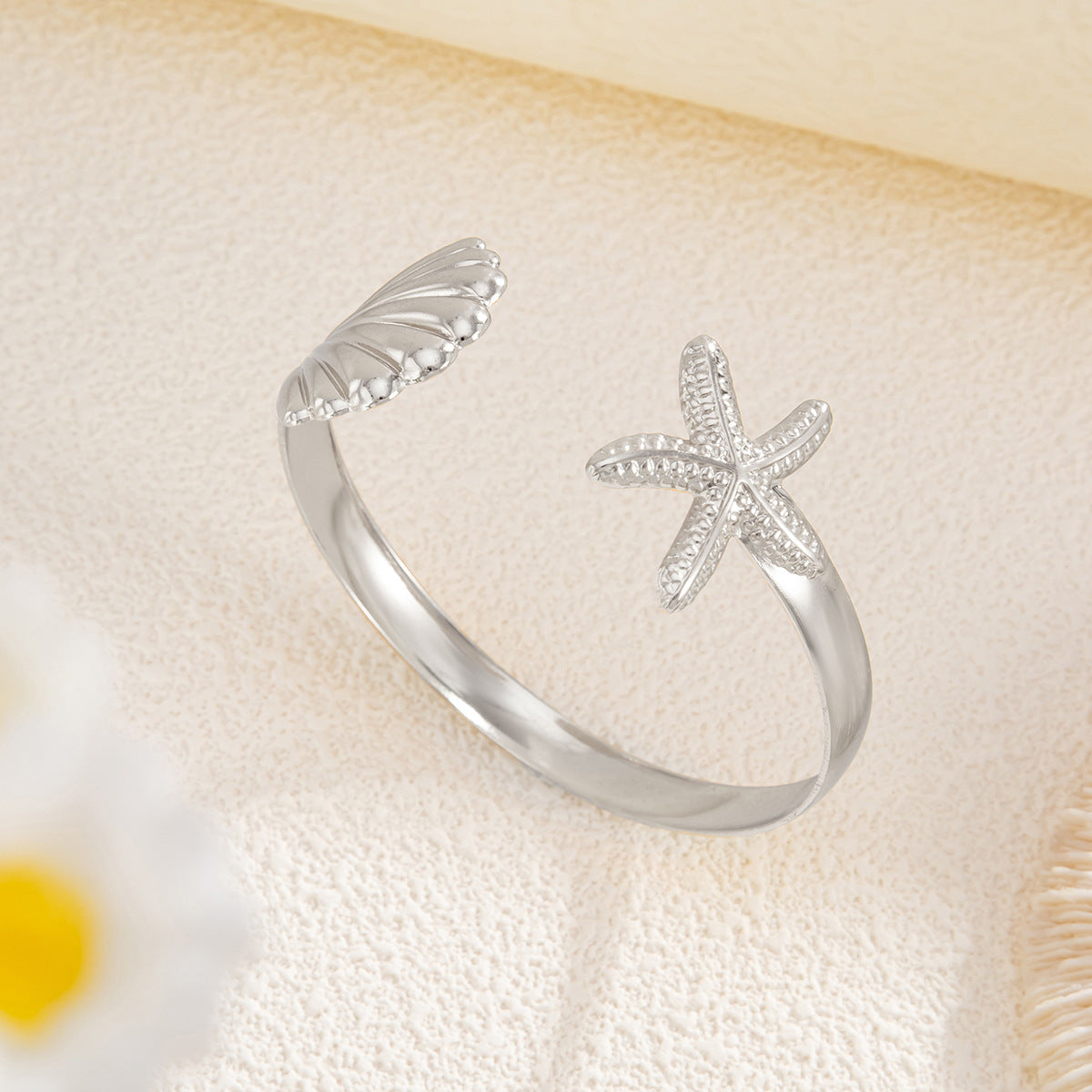 Planderful Vienna Verve Ring – Adjustable Beach-Inspired Design with Starfish and Pearl Accents