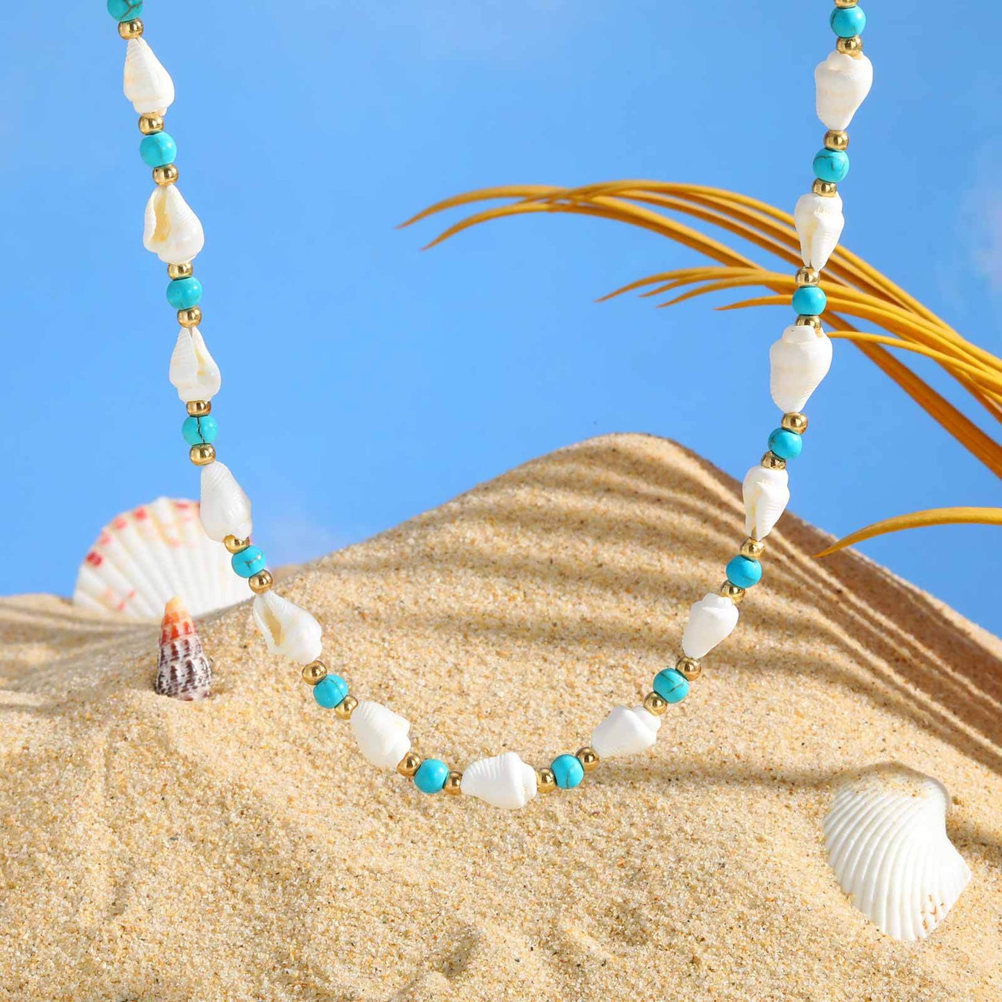 Ocean Wind Stainless Steel Ball Shell Blue & White Beaded Adjustable Necklace Casual