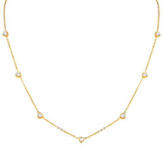 Stainless Steel Heart-Shaped White Zircon Flat Cross Chain Cold Wind Necklace Gold
