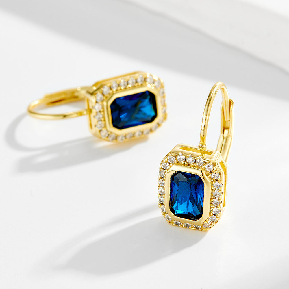 Planderful S925 Sterling Silver Zircon Earrings Blue Rectangle Pendant Retro French Style For Fashion Lovers