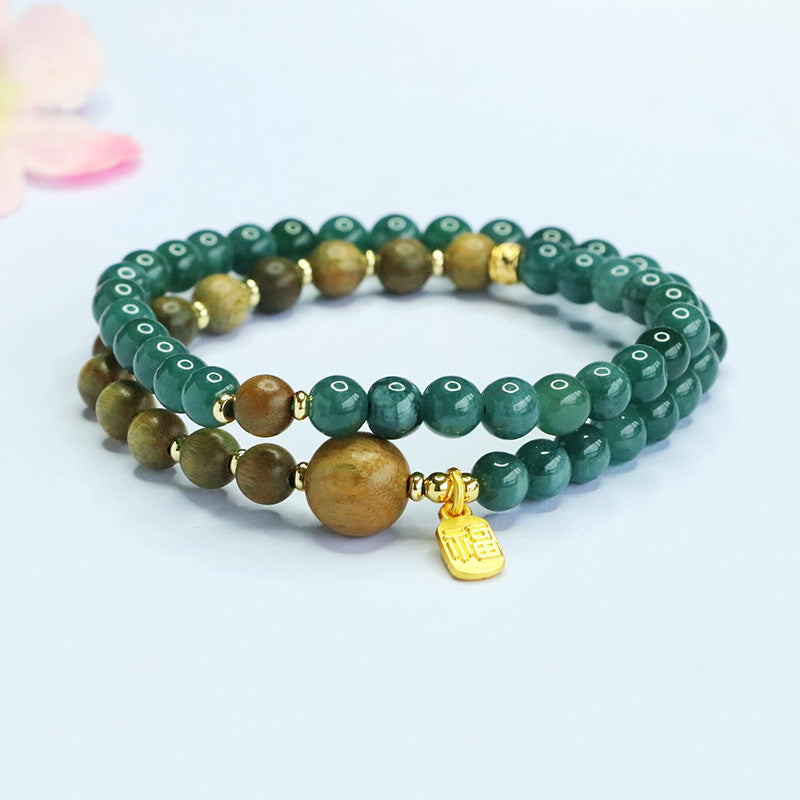 Blue Water Jadeite Green Sandalwood Style 2 Beaded Bracelet