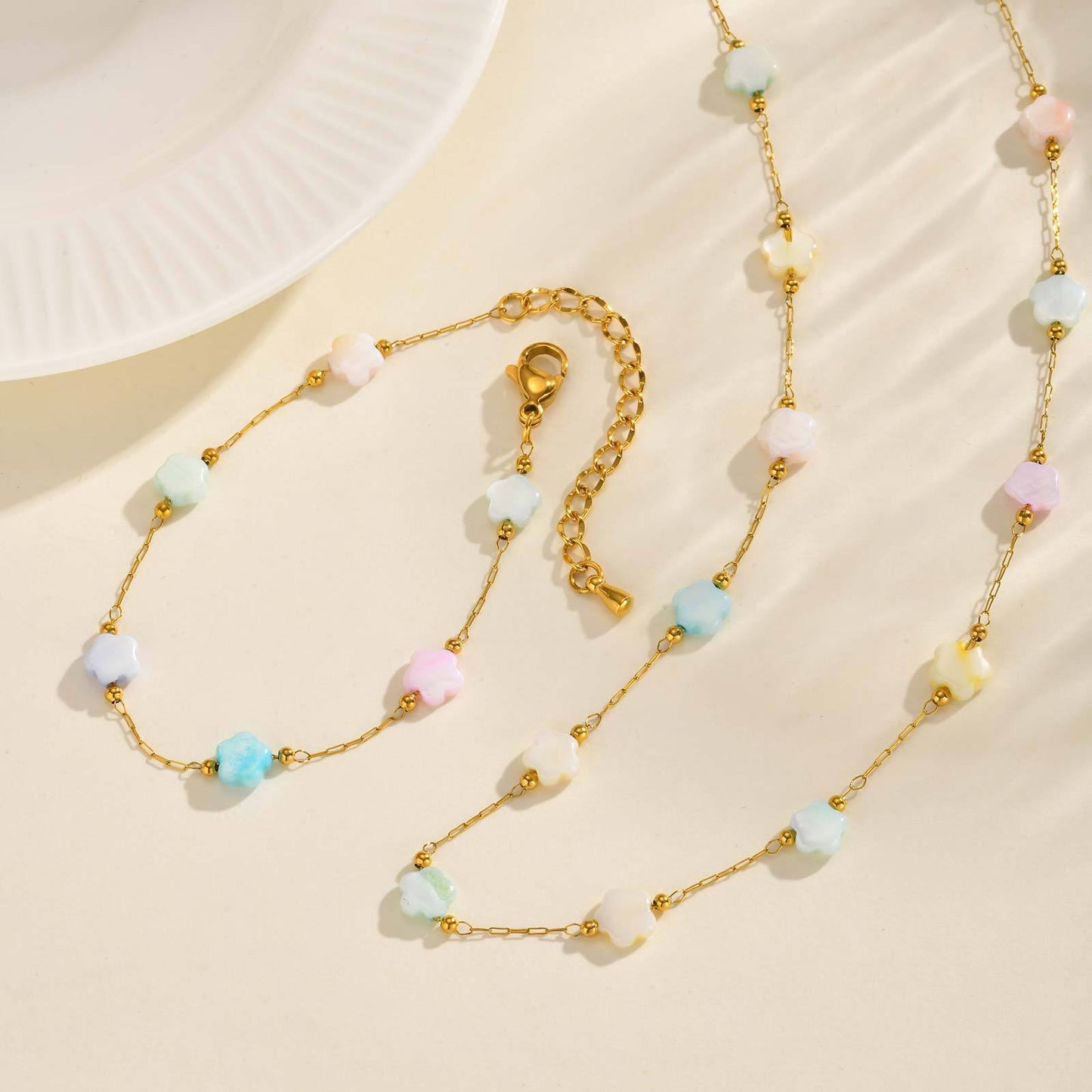 Girls Sweet Stainless Steel Shell Small Fresh Color Flower Bracelet Necklace Birthday Gift