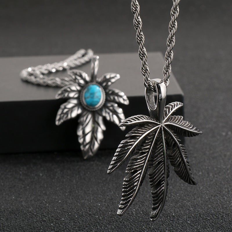 Vintage Plant Maple Leaf Straight Batch, Punk Stainless Steel Turquoise Leaf Men's Pendant Necklace