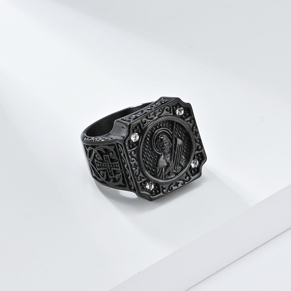 Planderful Cross Portrait Ring For Men Bold Steel Hip Hop Punk Style Durable Everyday Jewelry
