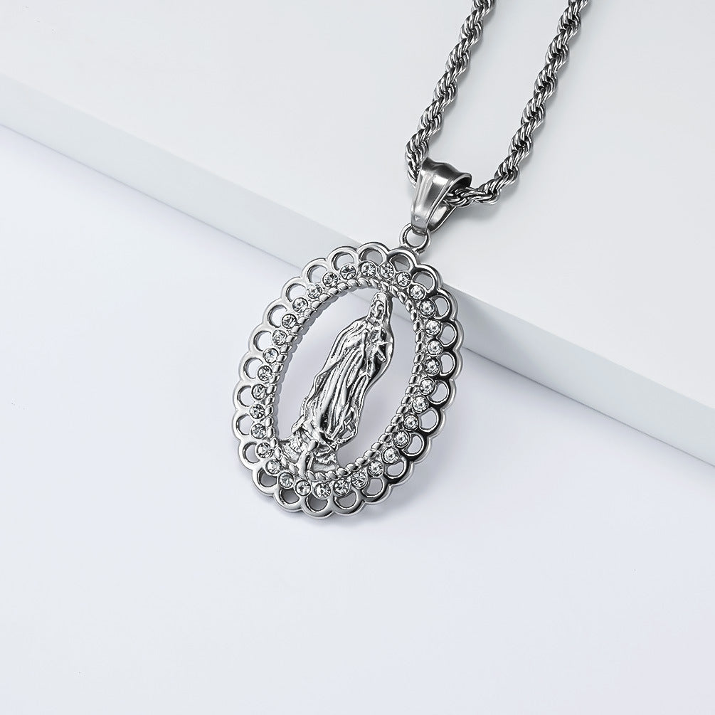 Planderful Virgin Mary Necklace Titanium Steel Gold Plated Zircon Pendant for Streetwear Hip Hop Fans