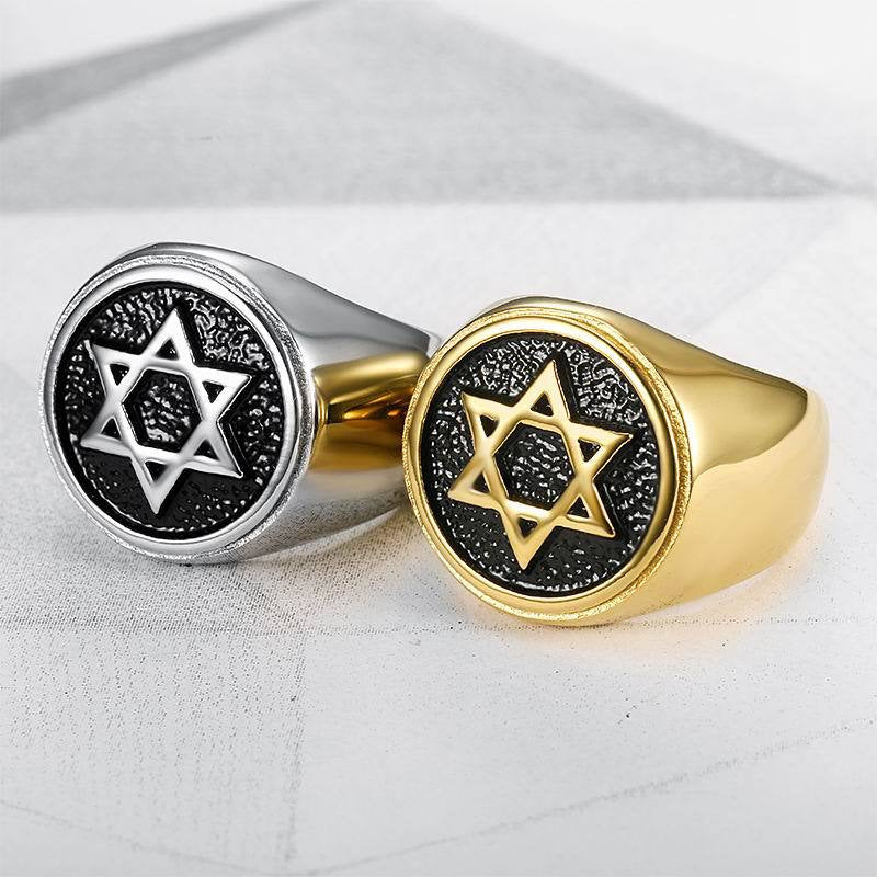 Planderful Everyday Genie Mens David Hexagram Ring Titanium Steel Gold Plated Band