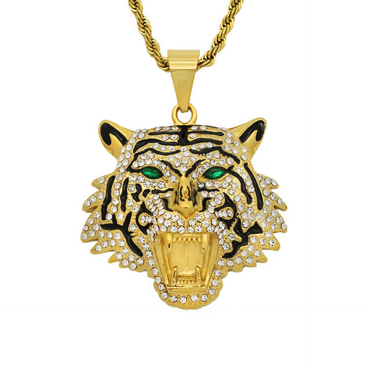 Planderful Hip Hop Bottle Opener Necklace Unisex Titanium Gold Plated Zircon Bold Tiger Head Pendant