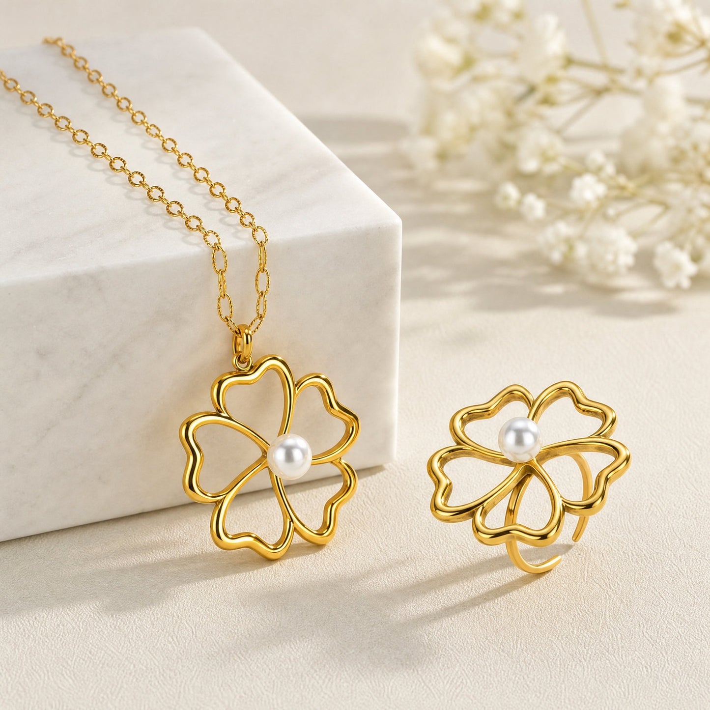 Metal Hollow Flower Imitation Pearl Necklace – Stainless Steel Elegant Ring