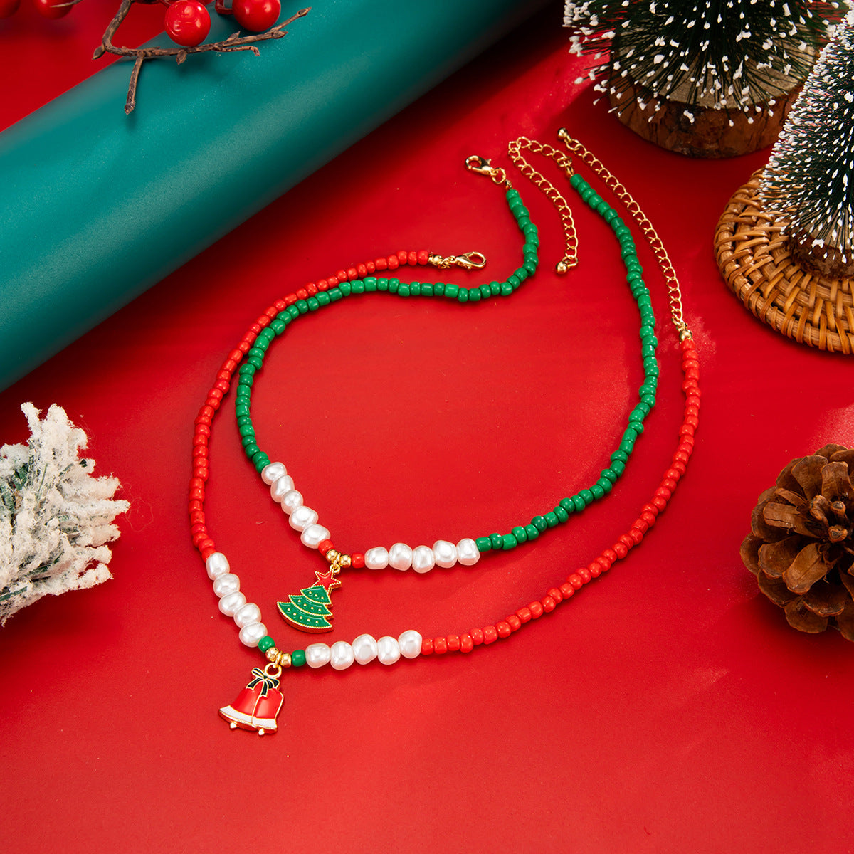 Christmas Santa & Elk Pearl-Style Necklace
