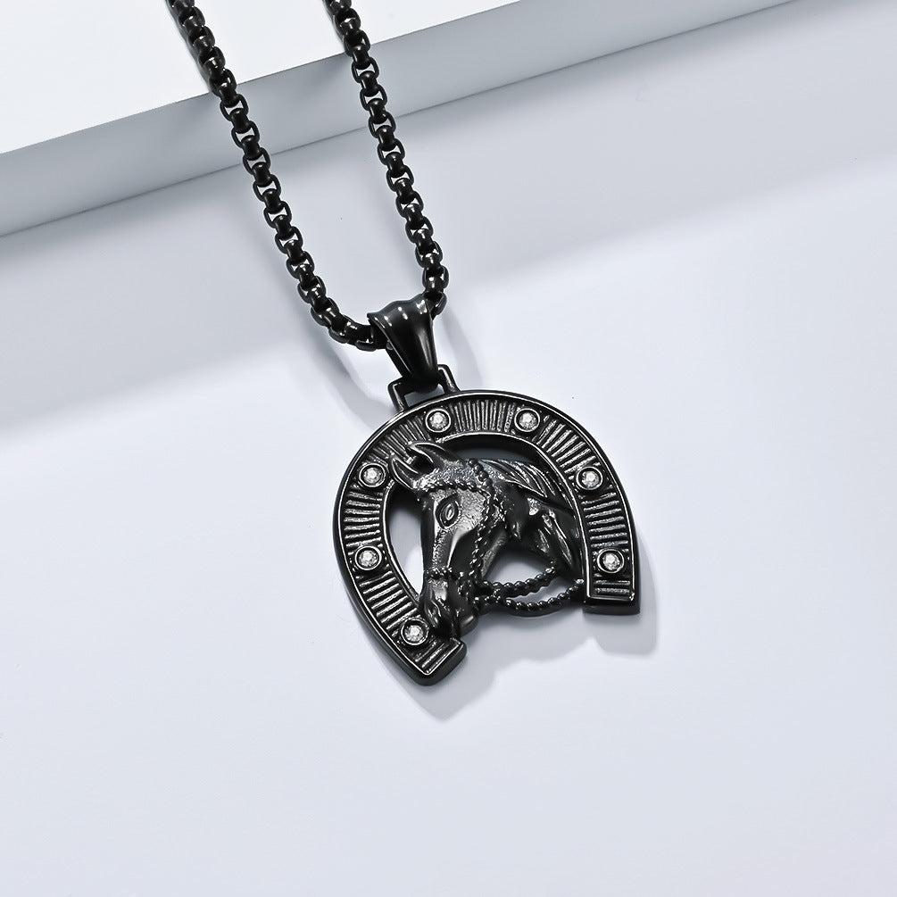 Planderful Titanium Steel Horse Head Pendant Necklace For Men Personalised Retro Horseshoe Hip Hop Jewelry