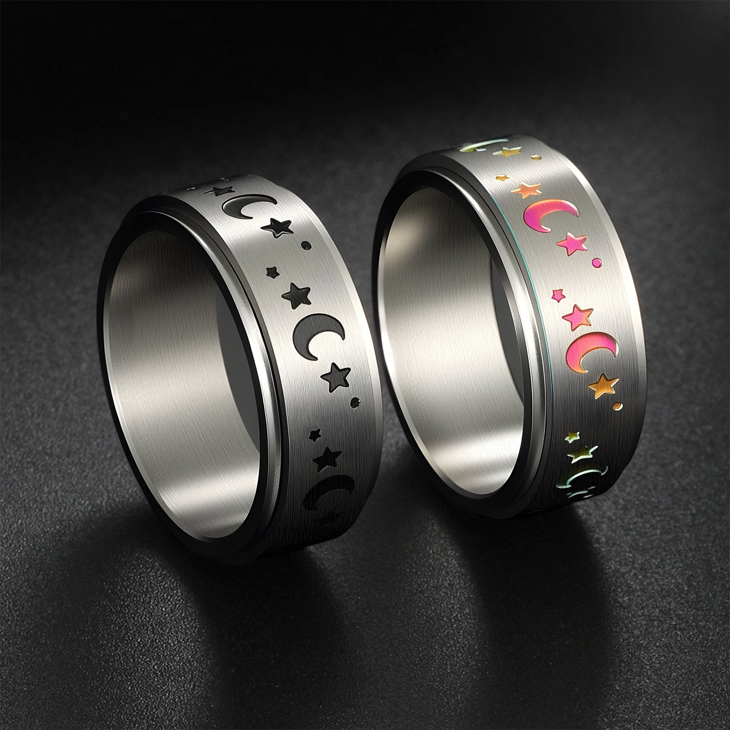Planderful Everyday Genie 8mm Rotatable Star Moon Stainless Steel Ring For Men Unisex Couples Statement