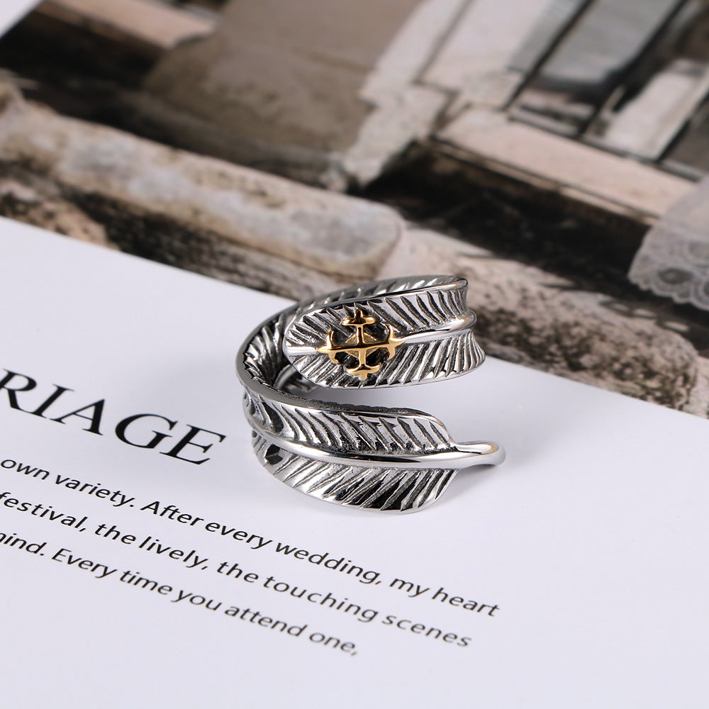 Vintage Titanium Steel Rings For Men Feather Electroplating