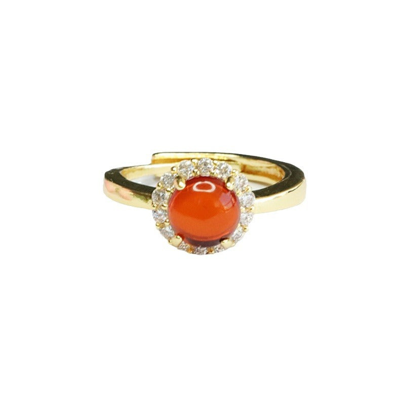 Amber Blood Zircon Ring with Halo Detail