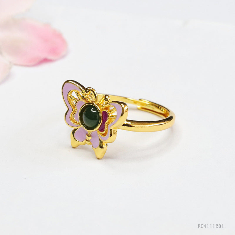Green Jadeite Butterfly & Enamel Ring