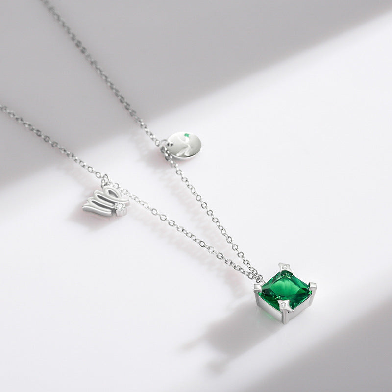 S925 Sterling Silver Green Zircon Necklace with Virgo Clavicle Chain