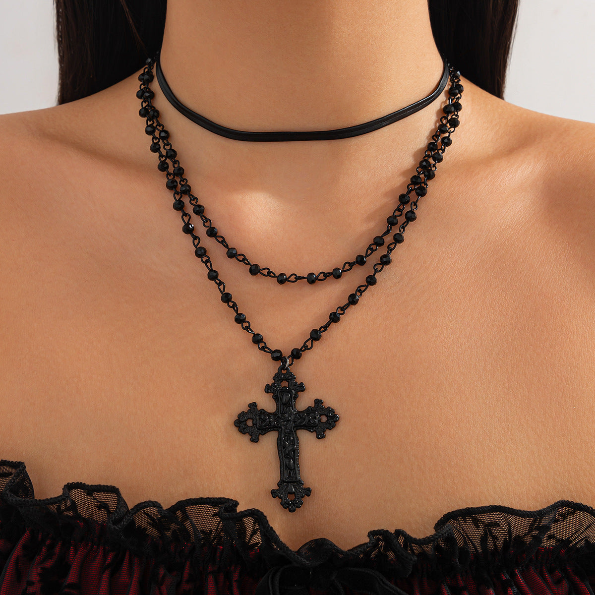 Dark Gothic Cross Layered Necklace Set