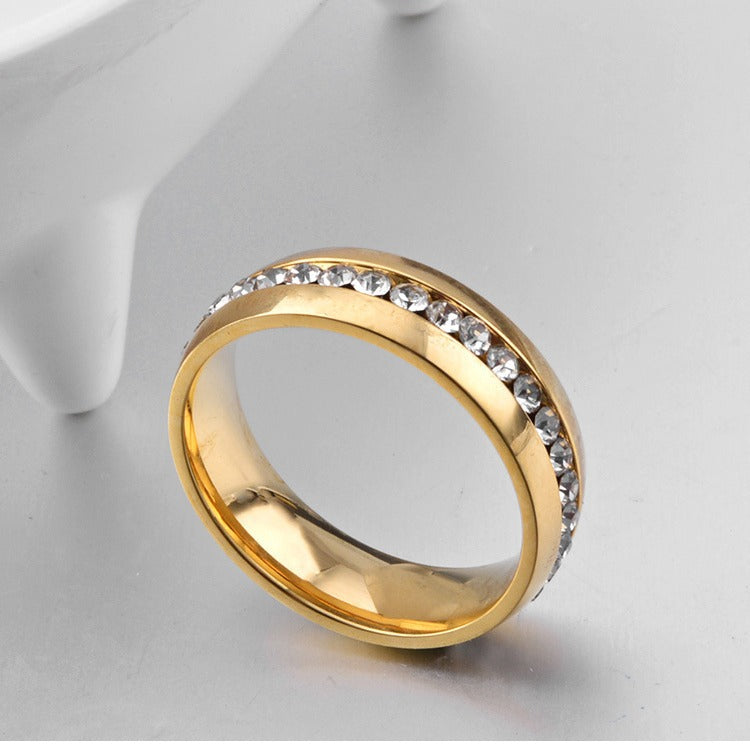 European – American Gold Zircon Ring – Stainless Steel Circumference Pavé Zircon