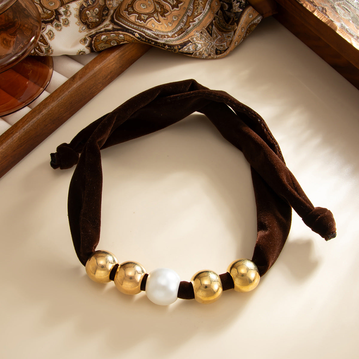 Knotted Fabric Pearl Bead Necklace