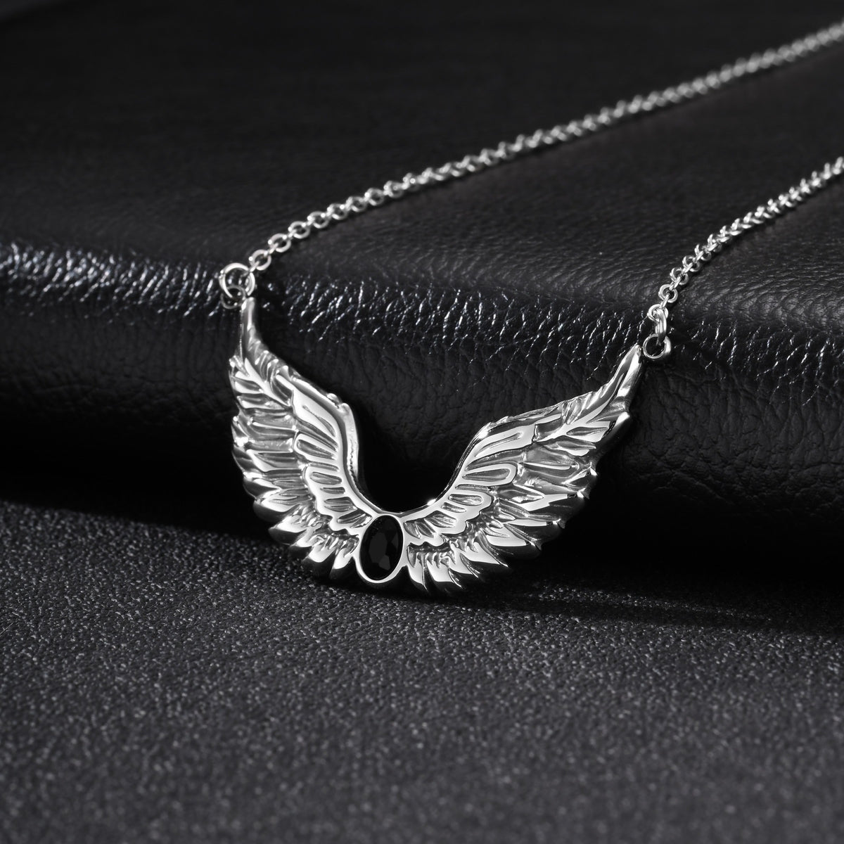 Style Men's Stainless Steel Black Zirconium Feather Wing Necklace Punk Stacked