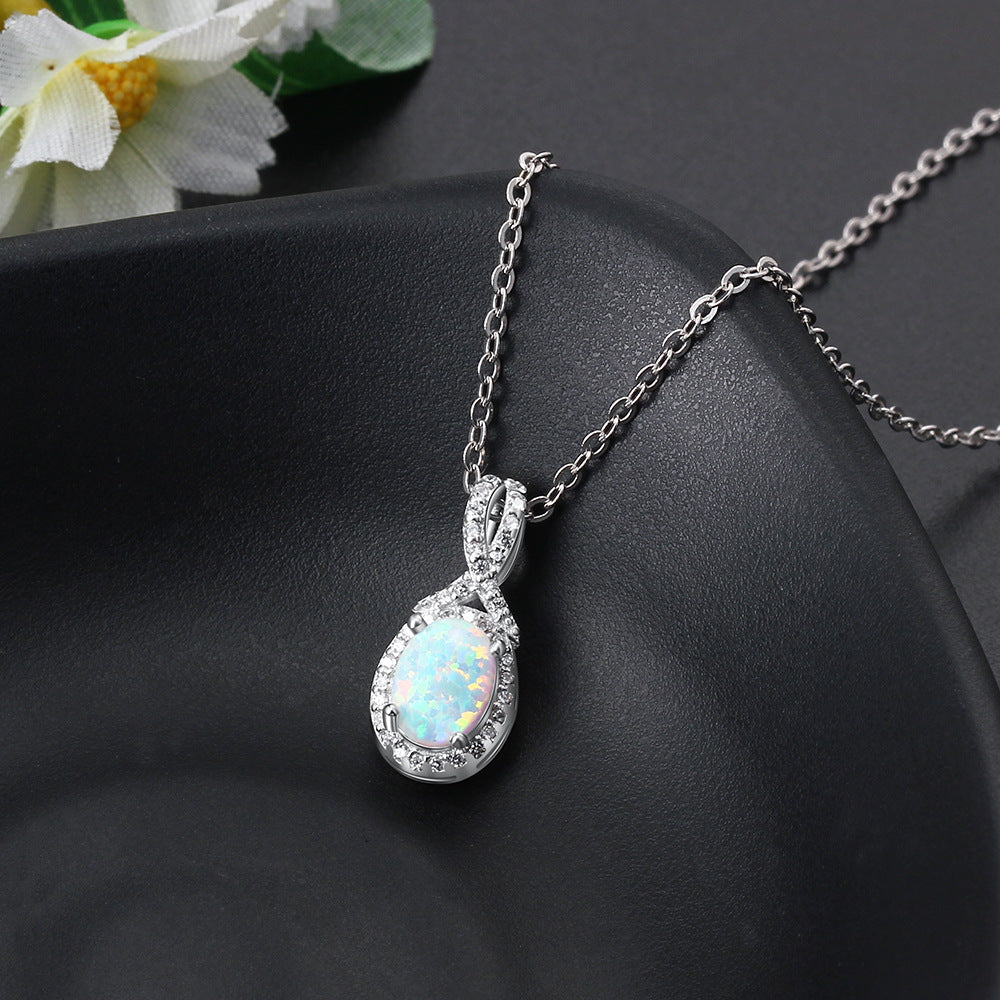 Planderful Jewelry Opal Necklace Sterling Silver Halo