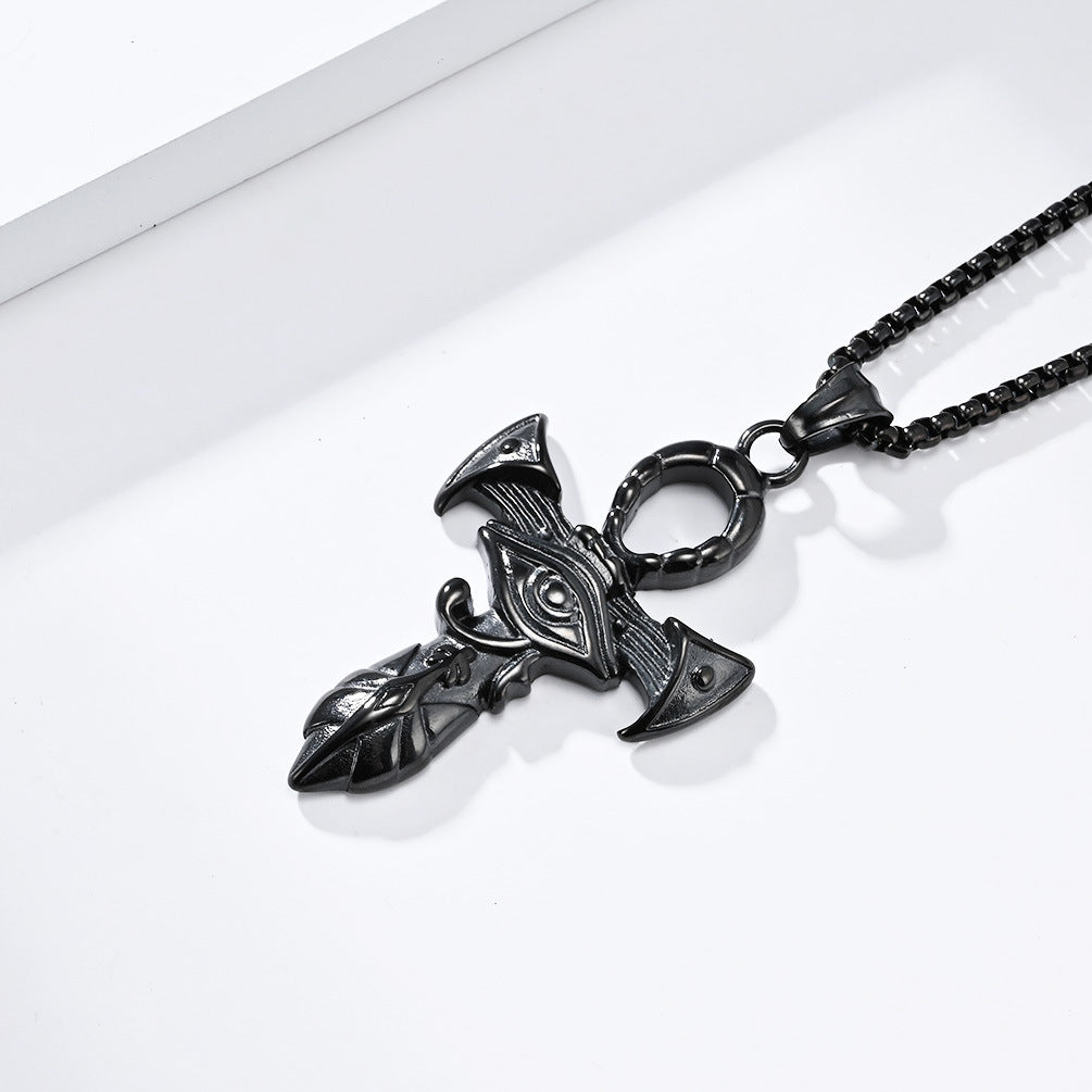 Planderful Titanium Steel Necklace Eye Of Horus Ankh Cross For Hip Hop Streetwear Fans Durable Bold Statement