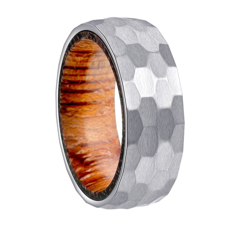 Planderful Everyday Genie Titanium Steel Ring With Pear Wood Inlay 8mm Beating Pattern Unisex For Men