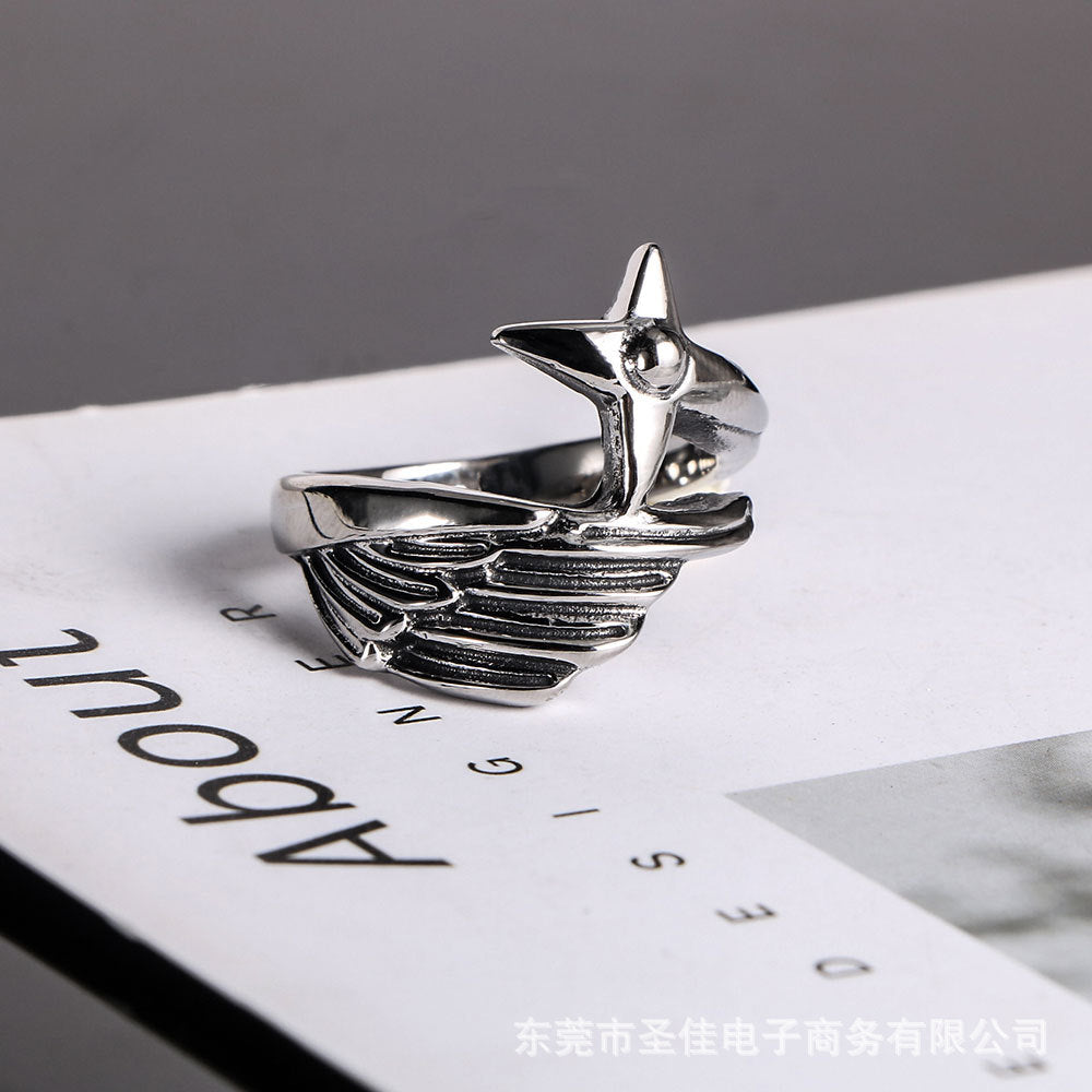 Titanium Steel Angel Wings Ring for Men - Fashionable Feather Design Index Finger Accessory