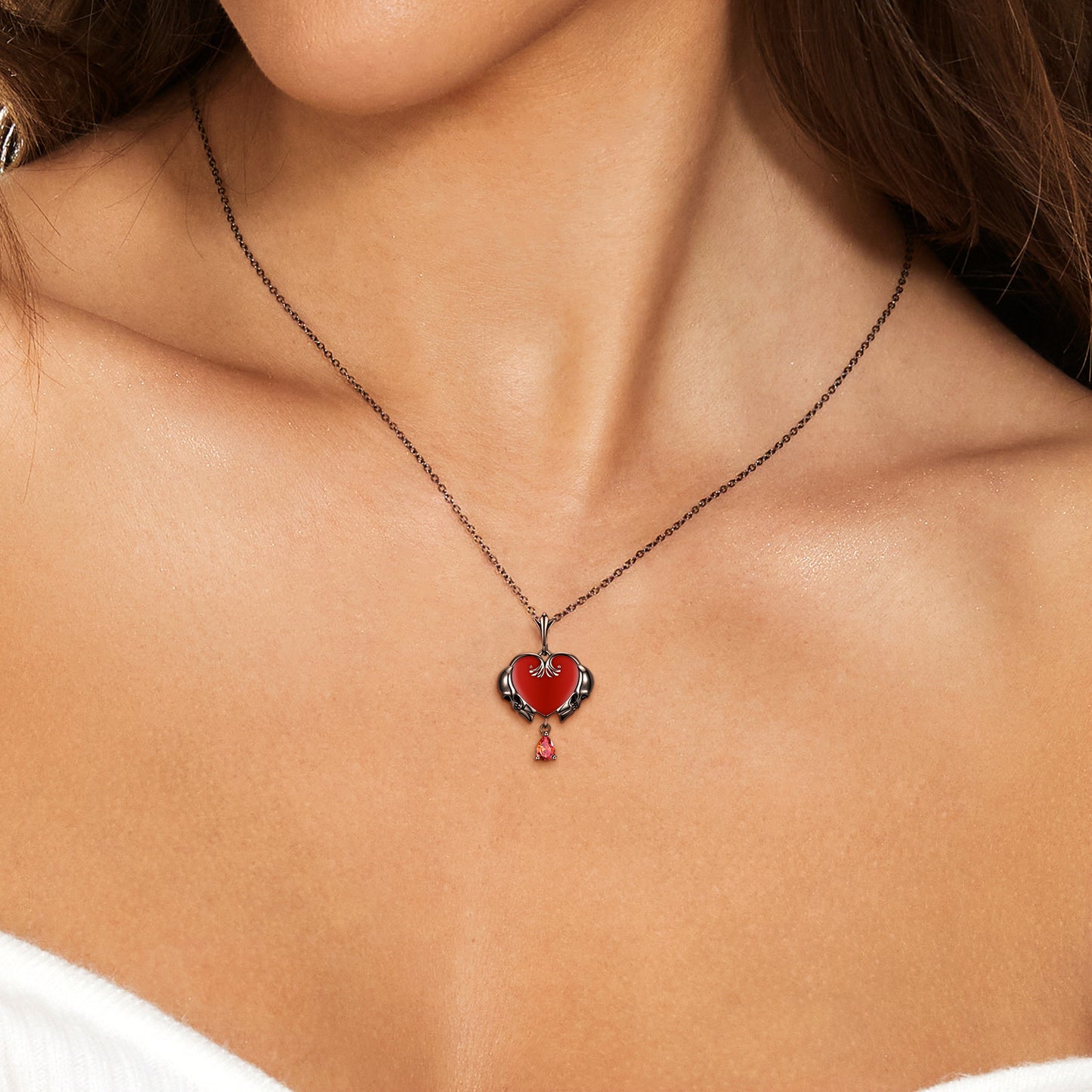 Halloween Heart Shape Skull with Pear Shape Red Zircon Silver Necklace