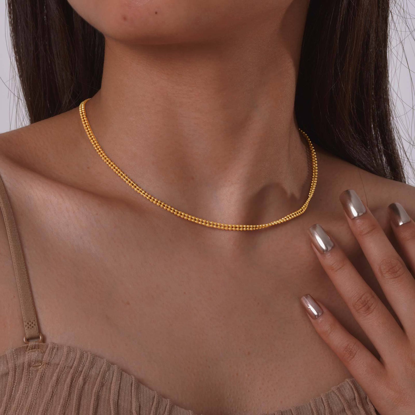 Stainless Steel Gold Double Bead Chain Necklace – Stylish & Women's