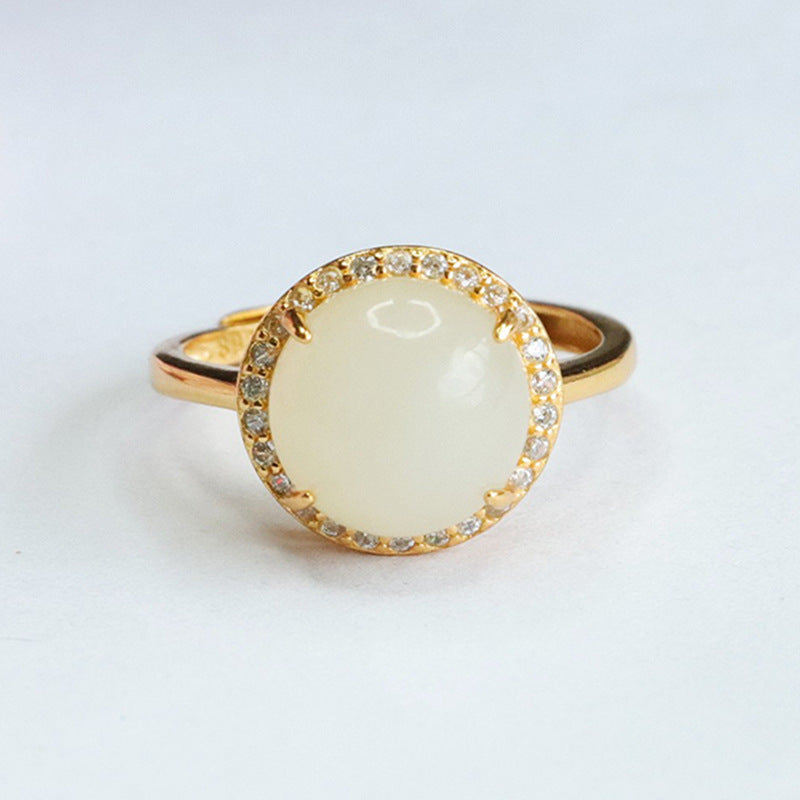 Sterling Silver Natural Hetian Jade and Zircon Round Ring