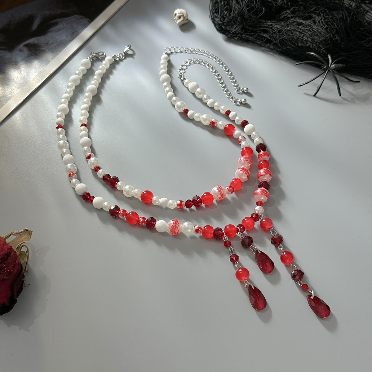 Gothic Pearl Blood-Drip Fringe Necklace
