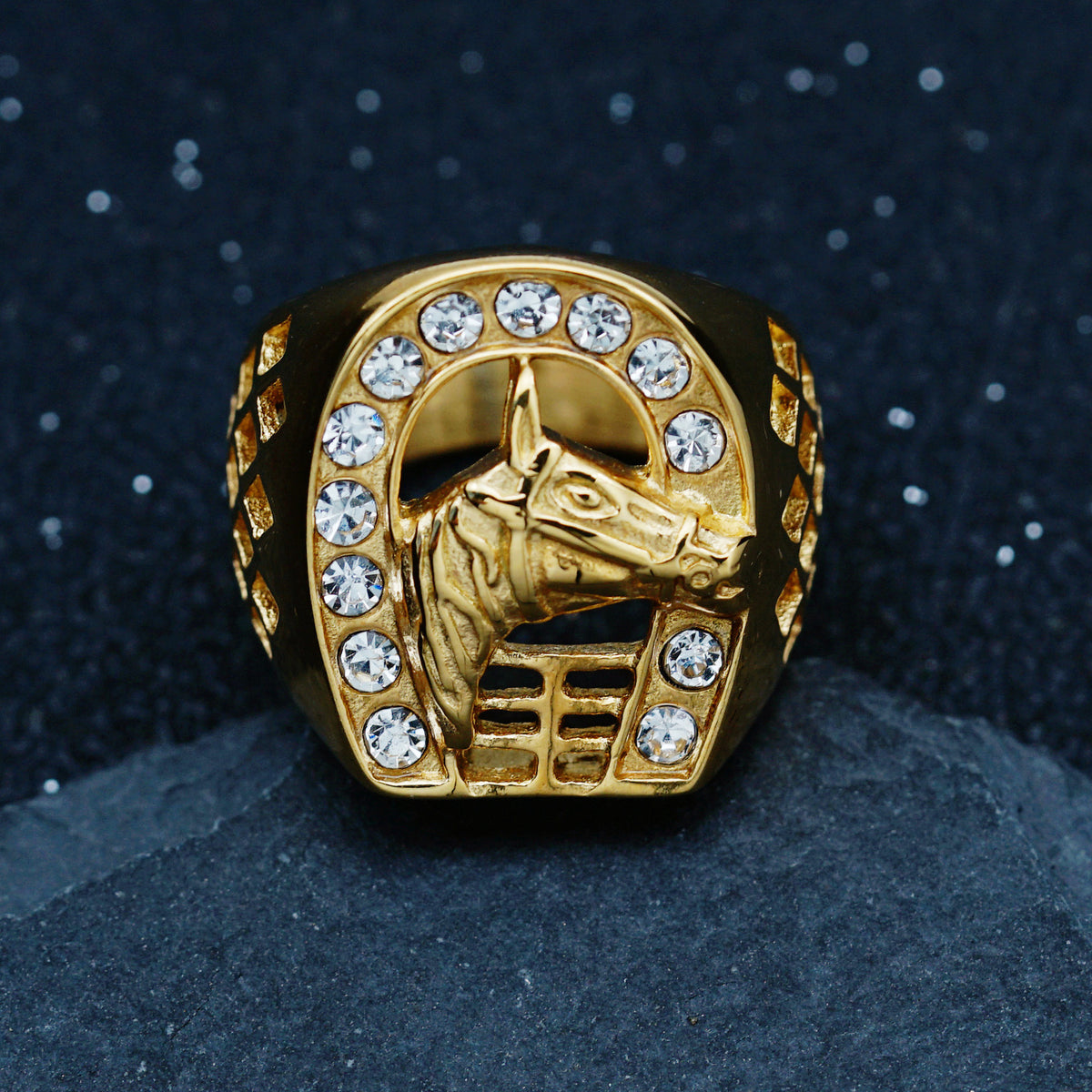 Planderful Titanium Hip Hop Ring Men Horsehead Gold Zircon