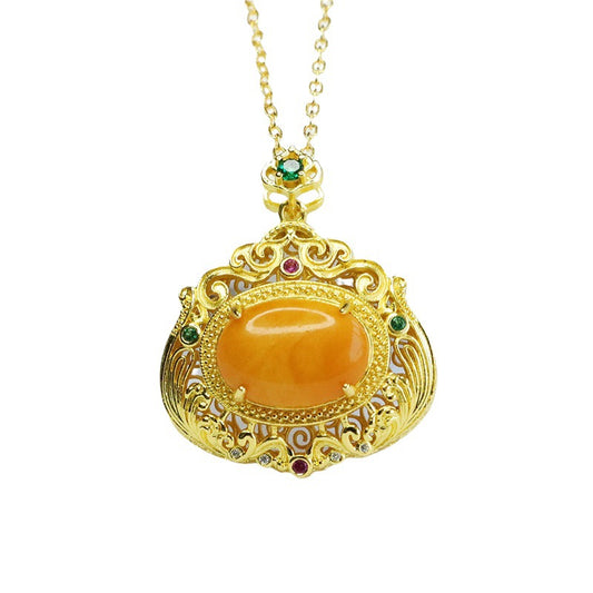 Amber Beeswax Pendant Sterling Silver Necklace With Zircon Accents and Amber Bead
