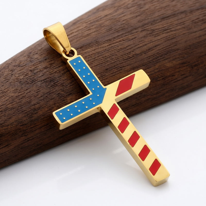 European, American Hip-Hop American Star-Spangled Banner Cross Dripping Oil Vacuum Plating Stainless Steel Necklace