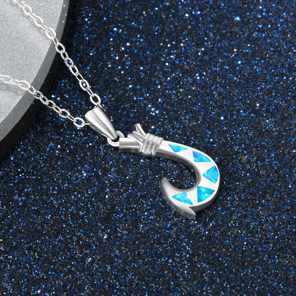 Planderful Jewelry Blue Opal Necklace In Sterling Silver Hook Pendant For Everyday Elegance