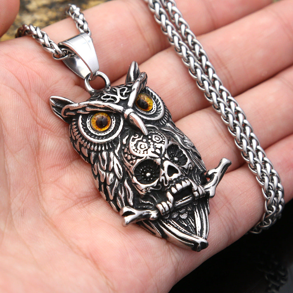 Retro Owl Skull Stainless Steel Pendant Necklace for Men